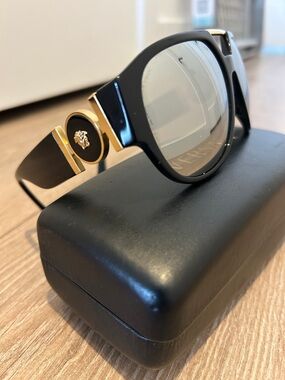 Versace Black and Gold Round Medusa Accent Sunglasses